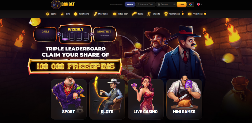 DonBet casino homepage featuring its Italian mafia theme and welcome bonus options