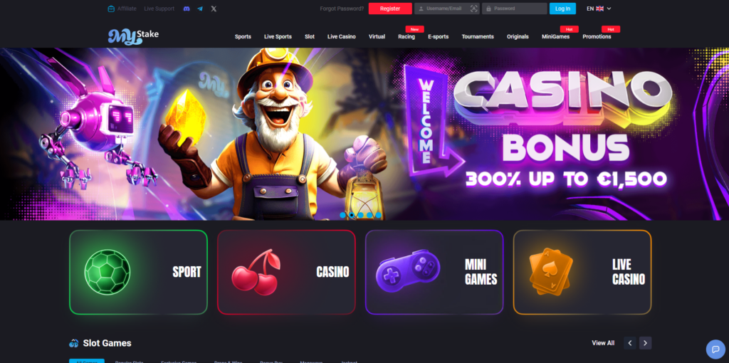 MyStake casino homepage showing the games lobby and main navigation