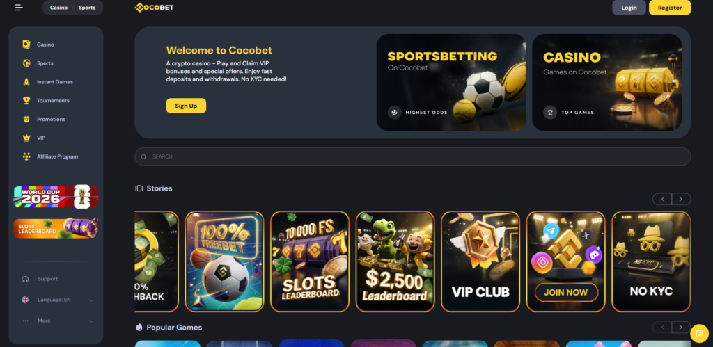 CocoBet casino homepage showing the crypto welcome offer and game categories