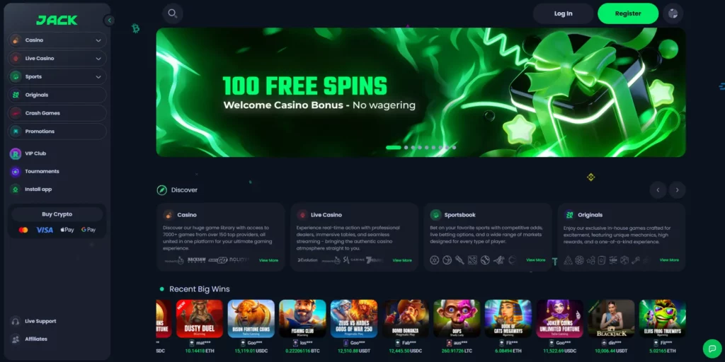 JACK casino homepage showing the wager-free spins offer and sportsbook navigation